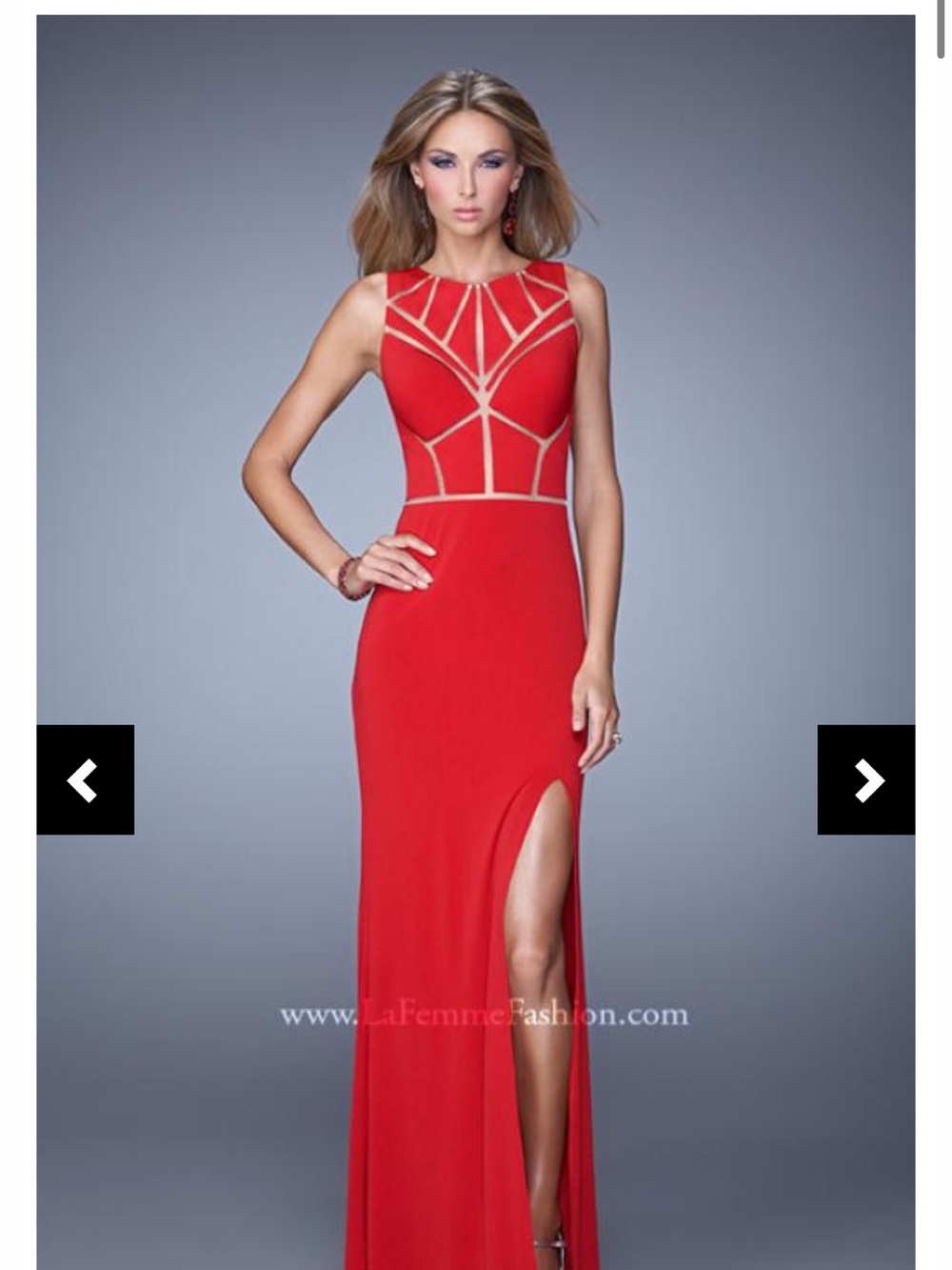 LA FEMME Red Cutout Evening Gown with Sheer Insets
